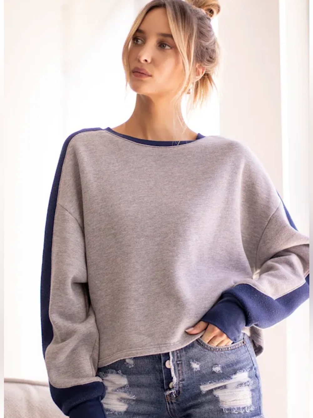 Lulus Project Social T Slow Down Grey and Navy Color Block Sweatshirt Size Small